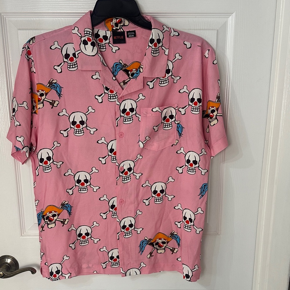 Netflix Pink Short Sleeve Button-Up Shirt with Skull Print